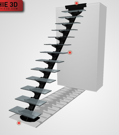 3D-модель. Модульная лестница Do-Up(Бельгия) на металлическом центральном косоуре, 13 ступеней из стекла.